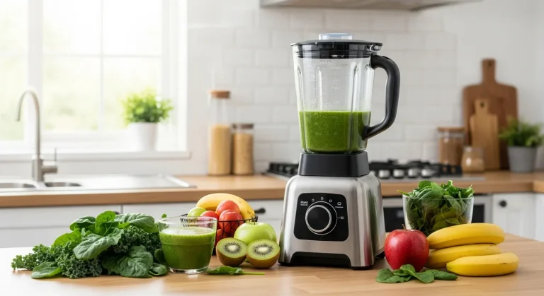 Mutfak tezgahında yeşil smoothie ile dolu modern blender