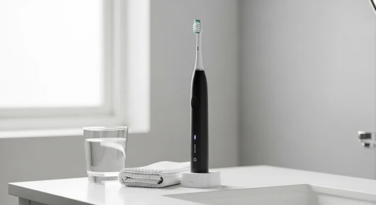 Banyo lavabosunda şarj standında duran elektrikli diş fırçası