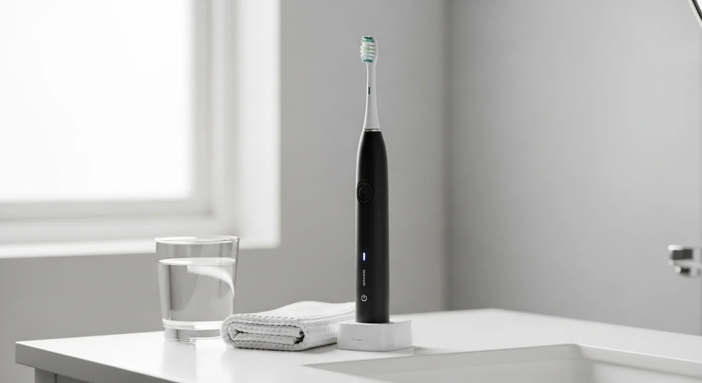 Elektrikli Diş Fırçası Kullananların Yorumları 2026: Oral-B, Philips ve Xiaomi Karşılaştırma Banyo lavabosunda şarj standında duran elektrikli diş fırçası