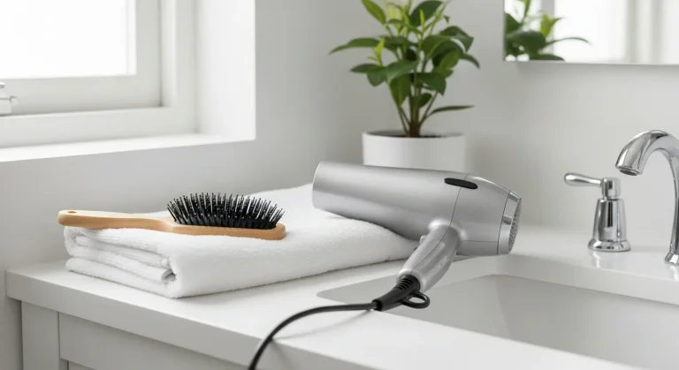 Banyo tezgahında duran modern saç kurutma makinesi